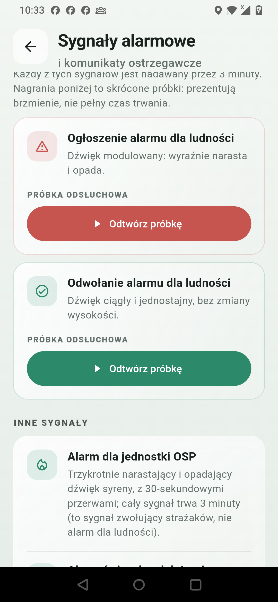 Poradnik Sygnały alarmowe i komunikaty w aplikacji Gdzie Schron z przyciskiem Odtwórz próbkę