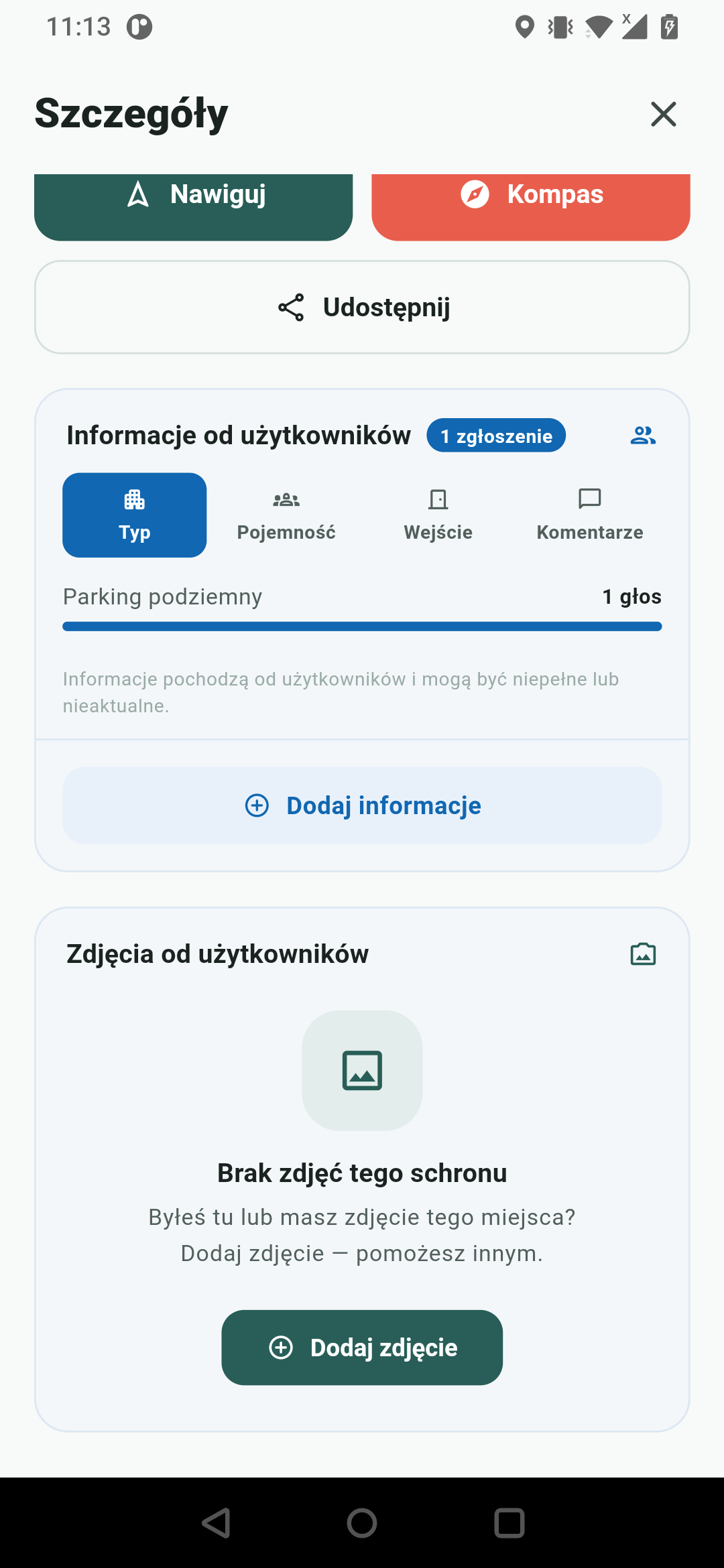 Sekcja zdjęć od użytkowników w szczegółach miejsca schronienia z przyciskiem Dodaj zdjęcie