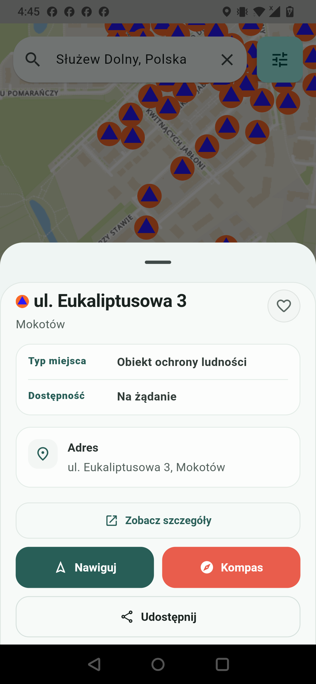 Gdzie się ukryć w pobliżu - mapa schronów w aplikacji Gdzie Schron z aktywną lokalizacją i kartą najbliższego schronu